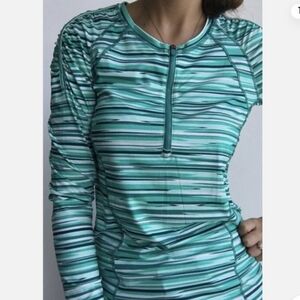 Athleta Teal and White Striped Long Sleeve Pullover Quarter Zip Top XS Like New